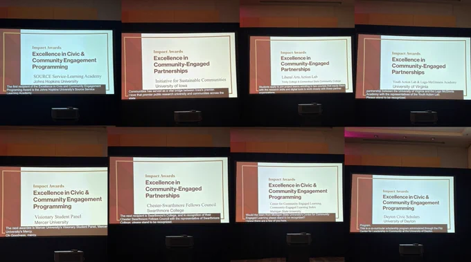 Eight images showing the "Excellence in Community-Engaged Partnerships" and "Excellence in Civic & Community Engagement Programming" recipients.