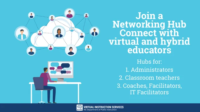 Join a Networking Hub
Connect with virtual and hybrid educators

Hubs for:
1. Administrators
2. Classroom teachers
3. Coaches, Facilitators, IT Facilitators