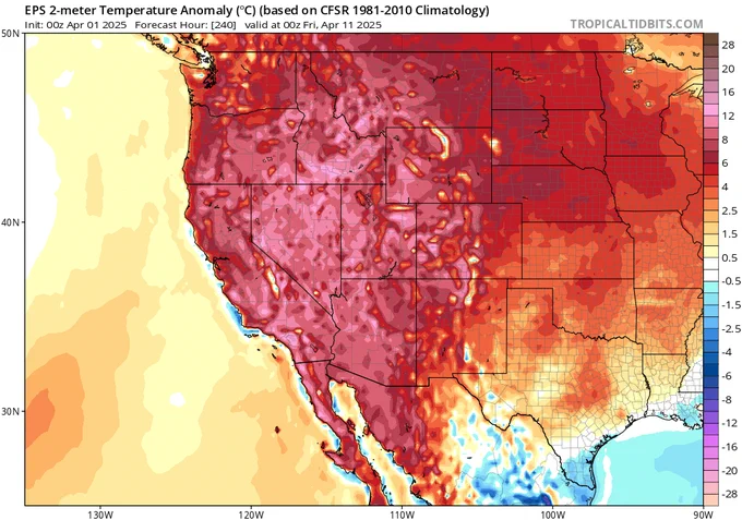 Map from EPS ensemble depicting predicted temperature anomalies across the West in ~10 days. Red and pink areas, which are widespread on the map, depict well above average temperatures for mid-April.