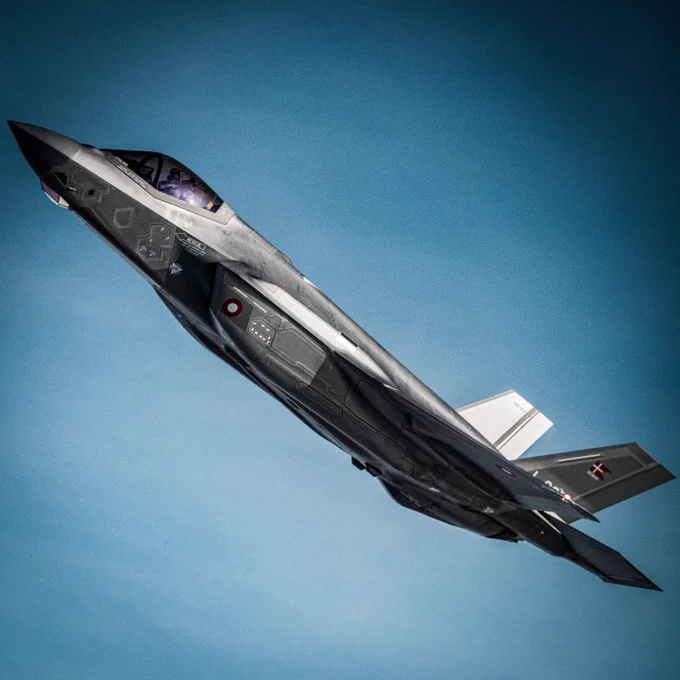 Royal Danish Air Force F-35 Lightning II flying in an incline 