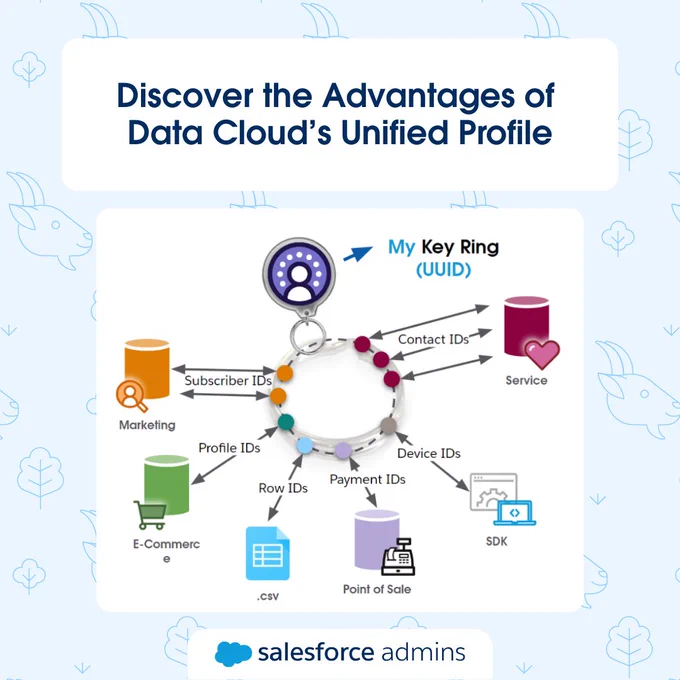 Promotional graphic titled 'Discover the Advantages of Data Cloud’s Unified Profile,' showing various data types linked to a central key ring labeled 'My Key Ring', which includes icons representing Marketing, E-Commerce, App, and Point of Sale. 
