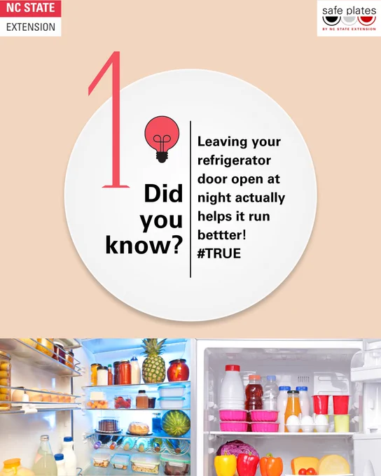 image content:
1/4: 4 Food safety facts we bet you’ve never heard before
2/5: 1. Leaving your refrigerator door open at night actually helps it run bettter! #TRUE
3/5: You can only get sick from the Salmonella pathogen if you consume actual Salmon
4/5: Food that falls on the ground is safe to eat as long as you pick it up within the first 5 seconds
5/5:None of these facts are even remotely true! But you knew that already because you follow us on social media