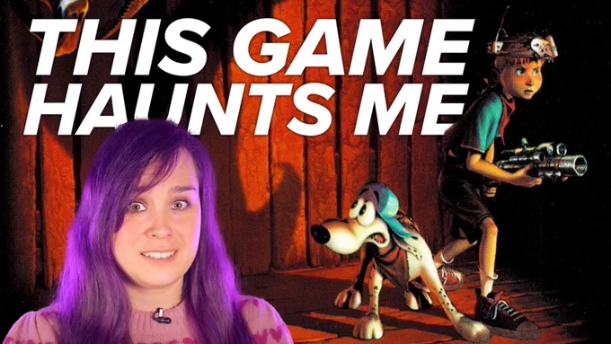 Text reads "This game haunts me". Ellen looks unnerved, with purple hair and a pink heart pattered jumper. To the side, a young cartoony boy looks determined, wearing a colander helmet covered in electrical equipment, holding a laser gun. Next to him, his dog wears a baseball cap and looks with fear at a shadow in the background.