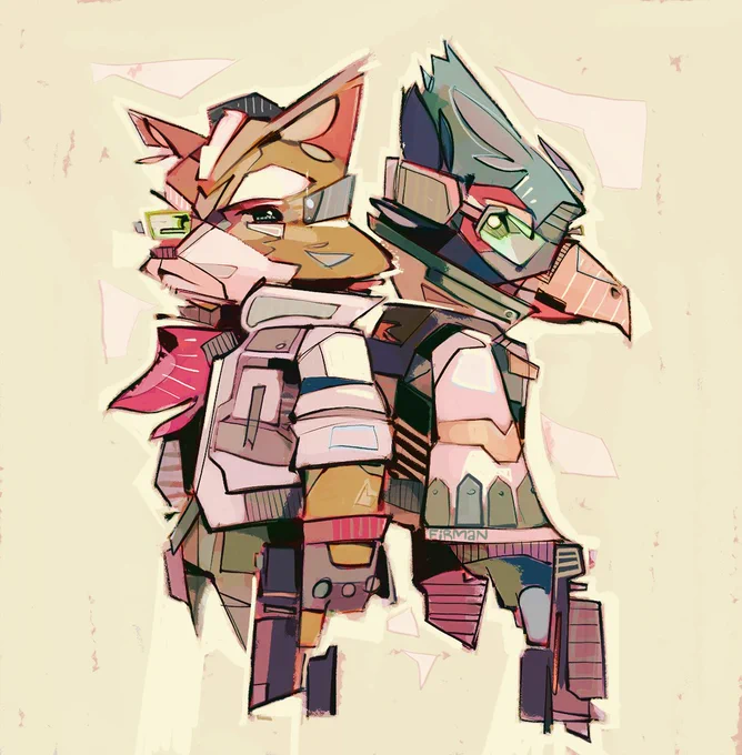 An illustration of Fox McCloud (on the left) and Falco Lombardi (on the right) standing back to back, holding their blaster pistols downward and lookin’ cool.  They wear spaceflight jackets and HUD eyepieces attached to headbands worn around the rear of their heads.  They are anthropomorphic animals, Falco being a blue and red bird, Fox being a…fox.  With white striping.  And he wears a red kerchief as well as driving gloves.  They are from Nintendo’s Star Fox franchise but are also prominent fighters in the Super Smash Bros series as well.