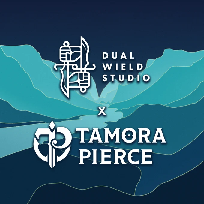 Dual Wield Studio and Tamora Pierce logo on blue mountain background.