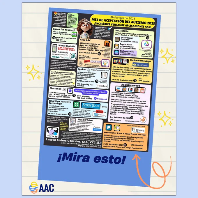 A colorful flyer promoting Autism Acceptance Month 2025. It features various AAC (Augmentative and Alternative Communication) applications and resources, with logos and descriptions. Text: "¡Mira esto!" and "Mes de Aceptación de Autismo 2025.