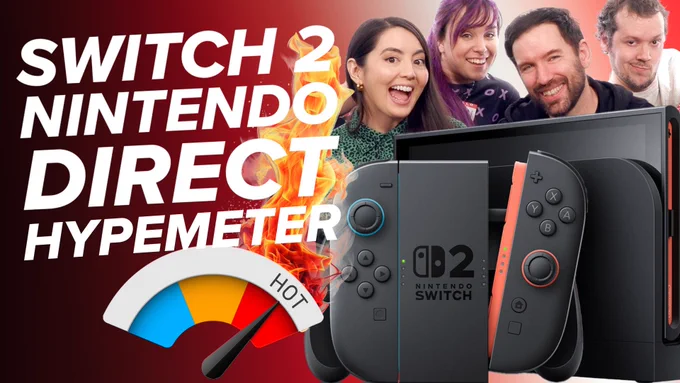 Text reads: Switch 2 Nintendo Direct Hypemeter. Below is a meter reading "hot", which is also in flames. Jane, Ellen, Mike and Andy of Outside Xbox and Outside Xtra look smiley behind an image of the Nintendo switch 2.