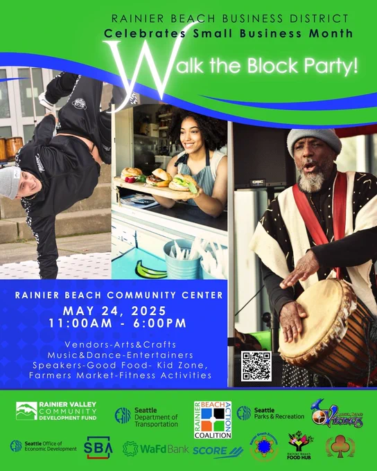 ID 1:  Poster for "Walk the Block Party" with event details and photos of dancers, food, and music.