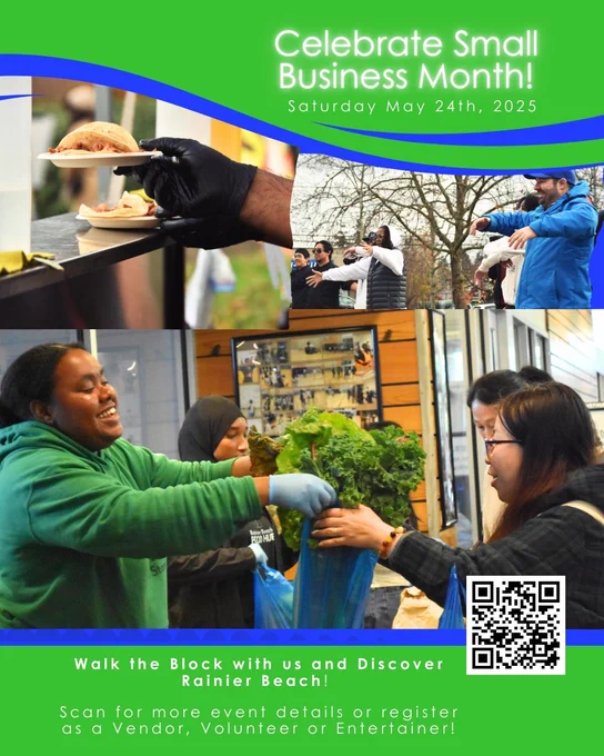 ID 2:  A promotional poster for a "Small Business Month" event featuring images of people sharing food, engaging in outdoor activities, and handling fresh produce.