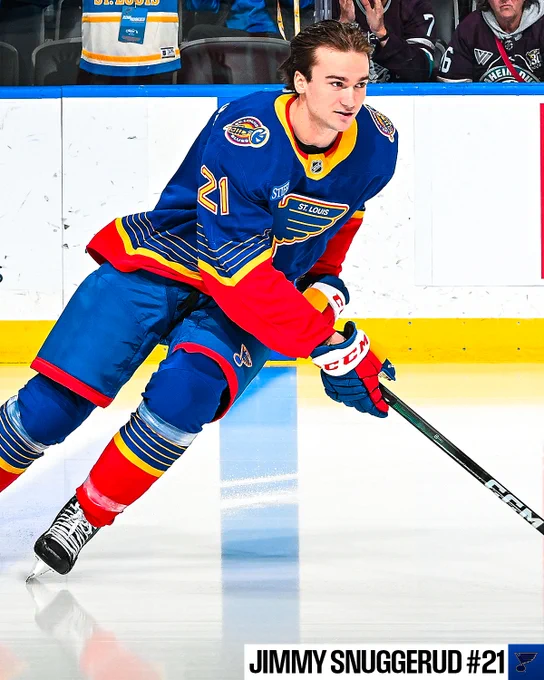 Photo of Jimmy Snuggerud in a St. Louis Blues alternate uniform during warmups