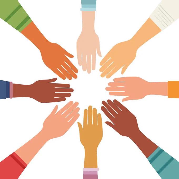 8 hands of different skin tones joining together to form a circle