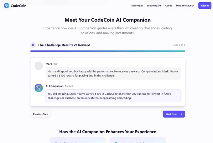 The landing page of CodeCoin showcases a sleek, modern design featuring a bold headline that reads "Unleash Your Potential with CodeCoin." Below, a vibrant call-to-action button invites users to "Join the Challenge." The p