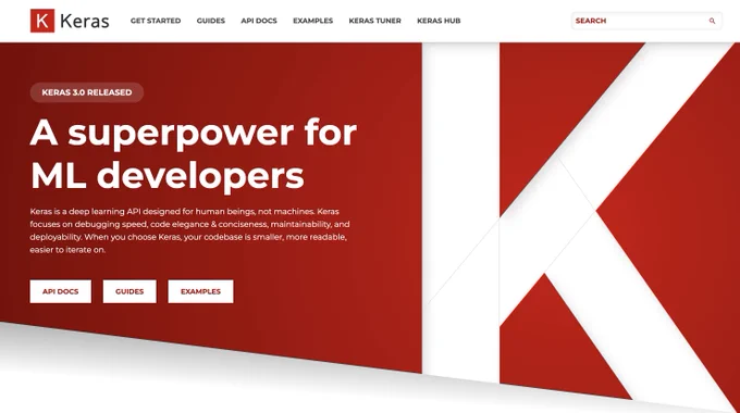 The Keras website announces the release of Keras 3.0 and describes it as "a superpower for ML developers". A red background and the Keras logo are also present. 