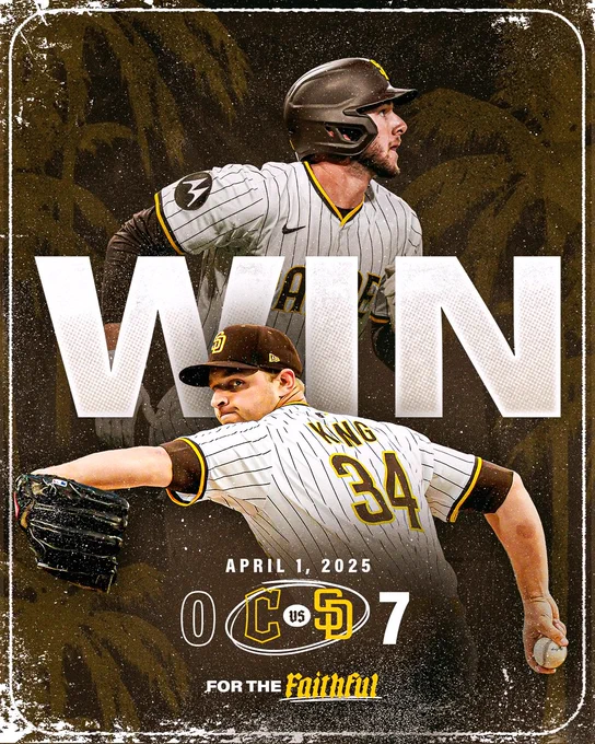 Padres Home Win Graphic. The background is brown with a yellow overlay of palm trees. There is a thin white border around the entire graphic with white paint splatters. There is a photo of Jackson Merrill above the text that says “WIN” in big white letters. Beneath the text, there is a photo of Michael King pitching. Underneath this photo, it states today’s date, “April 1, 2025”. Under the date is today’s final score: Guardians 0, Padres 7. The Guardians and Padres logo are circled in white. Beneath the score, there is text that says, “For the Faithful”.