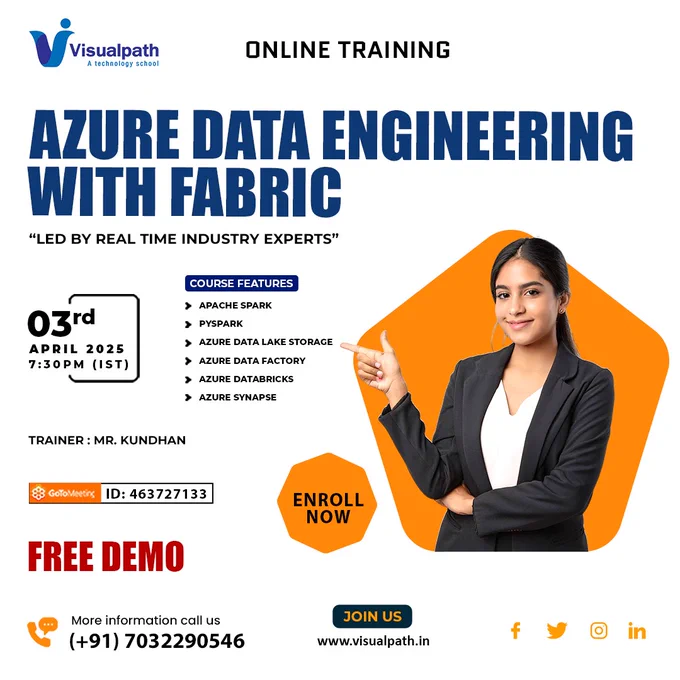 🚀Free Demo - Azure Data Engineering with Fabric Online Training
🔹 Kickstart Your Career in Data Engineering!
💡 Learn Data Pipelines, Fabric Lakehouse, Power BI, & More!
🔗Join Link: https://meet.goto.com/463727133
📅Free Demo Starts: 03th April 2025 🕗Time: 07:30 AM (IST)
👨‍🏫Trainer: Mr. Kundhan | 🎓 Led by Real-Time Industry Experts
📞Contact Us:  91 7032290546
💬WhatsApp: https://wa.me/c/917032290546
🌐Visit: https://www.visualpath.in/online-azure-data-engineer-course.html

✨ Why Join Us?
✅ Hands-on Training with Real-World Scenarios
✅ Expert Trainers & Certification Assistance
✅ Interactive Live Sessions & Career Guidance

#AzureDataEngineering #MicrosoftFabric #DataEngineeringTraining #CloudDataSolutions #BigDataAnalytics #DataScience #Visualpath
#AzureFabricTraining #DataPipelines #AzureLearning #TechSkills #CloudComputing #AIandDataEngineering #OnlineTraining #ITJob
#DataAnalytics #MicrosoftAzure #AzureCertification #fabric #ADE #PowerBI #datalakes #DataWarehouse