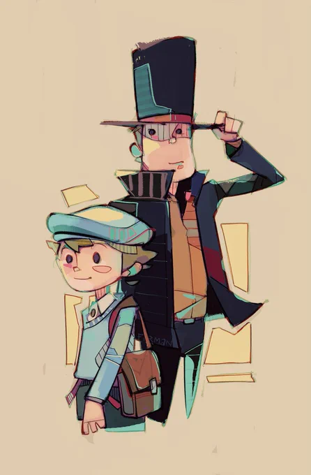 An illustration of the puzzle-solving Professor Layton and his apprentice Luke Triton.  Layton sports a tall top hat, of which his left hand fingers pinch the brim in a doffing grip.  He wears a dark coat over an orange shirt, and dark trousers.  Luke, a small boy, is to his right (our left) and wears a desaturated blue cardigan and matching colour flat cap.  Underneath the cardigan is a white button shirt, and over it is his shoulder-strapped brown satchel.  He wears dark green shorts and has brown suspenders dangling.