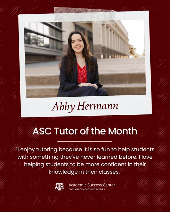 A graphic with a photo of ASC tutor Abby Hermann and the quote, "I enjoy tutoring because it is so fun to help students with something they've never learned before. I love helping student to be more confident in their knowledge in their classes."