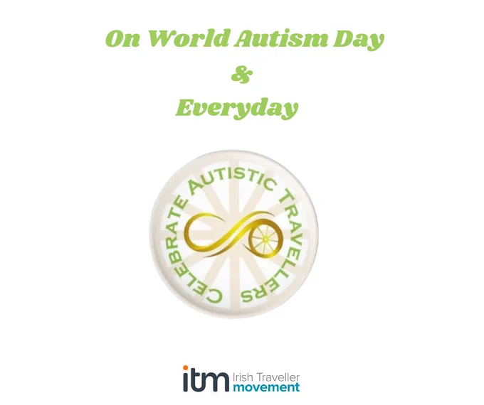 Image with badge design by  an Autistic Traveller and Mother of a  Autistic child. Contains Autistic Traveller logo(gold infinity Symbol and wagon wheel) and Celebrate Autistic Travellers. 
