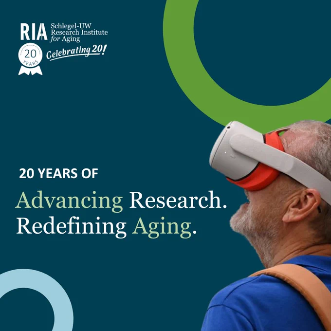 Older adult wearing VR headset with the text "20 years of advancing research and redefining aging"