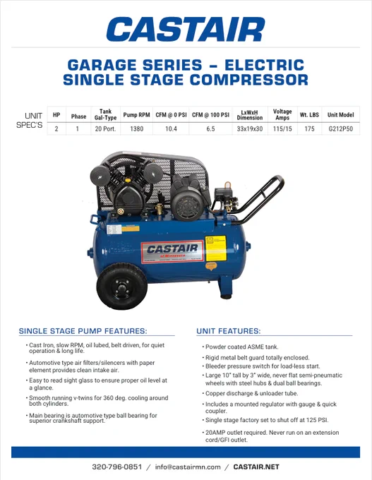 "Castair Garage Series 2HP Electric Single Stage Air Compressor, 20-gal tank, blue and yellow, 10.4 CFM @ 0 PSI. Top automotive air compressor for car repair, tire inflation, auto painting. Best farm air compressor for tractor maintenance, equipment repair, barn tools. Quiet, portable. castair.net. #FarmTools"
This air compressor is perfect for: garage air compressor, automotive air compressor, farm air compressor, single stage air compressor, 2HP air compressor, 20 gallon air compressor, quiet air compressor, portable air compressor, air tools compressor, tire inflation, auto painting, car repair, tractor maintenance, equipment repair, barn tools, farm tools, Castair compressor.

