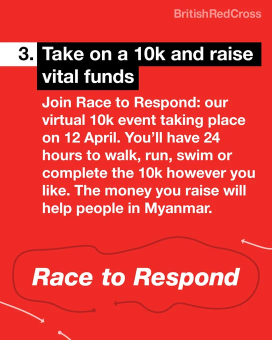 3. Take on a 10k and raise vital funds
Join Race to Respond: our virtual 10k event taking place on 12 April. You'll have 24 hours to walk, run, swim or complete the 10k however you like. The money you raise will help people in Myanmar.