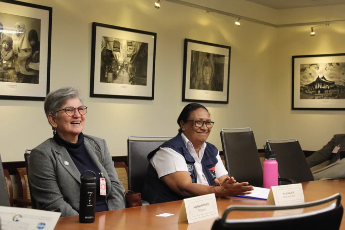 IWOC Awardees Angelique Songco of the Philippines and Major Velena Iga of Papua New Guinea are captured here as they participate in a meeting with our team.