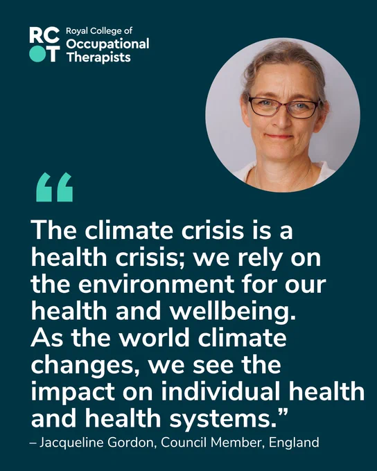 A quote reads 'A quote reads 'The climate crisis is a health crisis; we rely on the environment for our health and wellbeing. As the world climate changes, we see the impact on individual health and health systems.' 

A headshot of Jacquiline Gordon in front of a white background. They are wearing a white shirt, a necklace and glasses. 