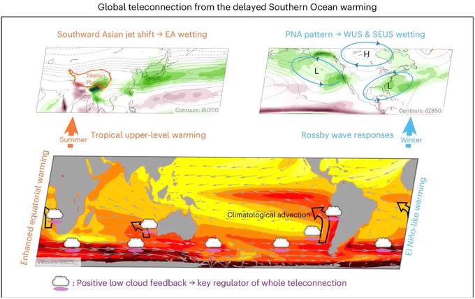 Schematic illustration of the global teleconnection from delayed Southern Ocean warming