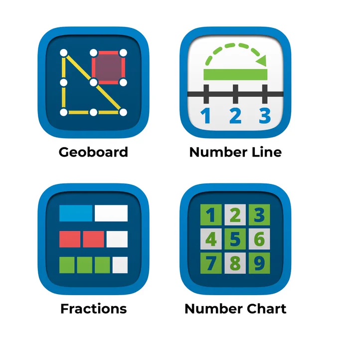 Four educational app icons: Geoboard with a grid and elastic bands, Number Line showing segments labeled 1 to 3, Fractions with colored blocks, and Number Chart with numbers 1 to 9.