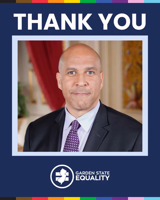 Inset is a portrait of Sen. Booker. Above: "Thank you." Below is the Garden State Equality logo.