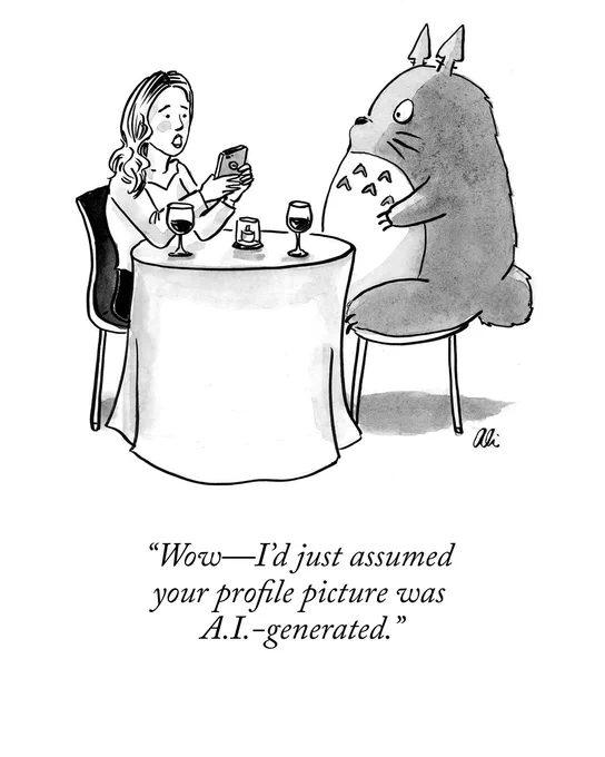 A person on a date with Totoro says, “Wow—I’d just assumed your profile picture was A.I.-generated.”