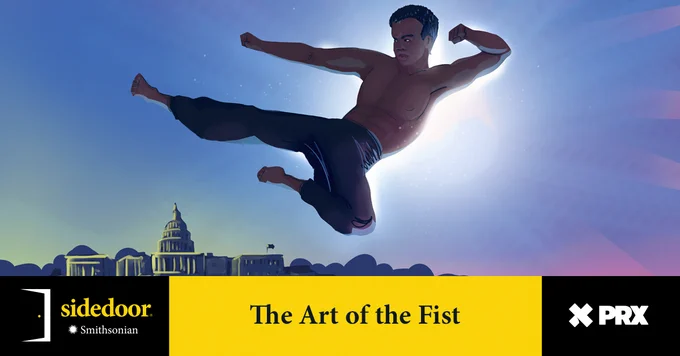 A digital illustration depicts a muscular man performing a dynamic martial arts kick against a bright, gradient-colored sky. He is captured mid-air, leaping with his right leg extended forward in a powerful kick, while his arms are bent at the elbows, fists clenched, as if executing a strike or block. The man's torso is bare, revealing his well-defined physique, and he wears dark, loose-fitting pants that appear torn at the knee.  Behind him, silhouetted against the vibrant sky, is the United States Capitol Building in Washington D.C., rendered in a stylized, simplified manner. The sky transitions from a deep blue at the bottom to a lighter, almost white shade at the top, with a bright, sun-like burst of light emanating from behind the man, creating a halo effect around his form.  The overall style of the image is illustrative and painterly, with smooth gradients and soft edges, giving it a dreamlike or heroic quality. 
