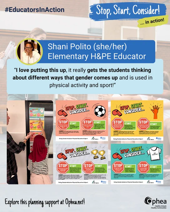 #EducatorsInAction

Stop, Start, Consider… in action!

Shani Polito (she/her)Elementary H&PE Educator

Photograph of a student and teacher pointing at “Stop, Start, Consider…” resource posters

“I love putting this up, it really gets the students thinking about different ways that gender comes up and is used in physical activity and sport!”

Explore this planning support at Ophea.net!