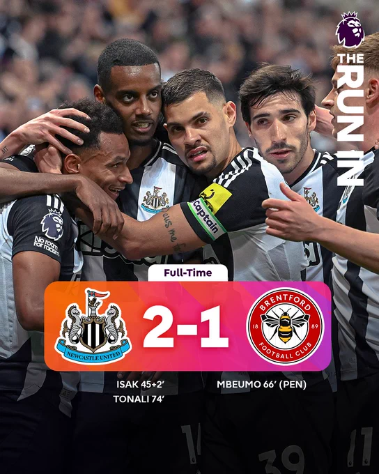 FT: Newcastle 2-1 Brentford.