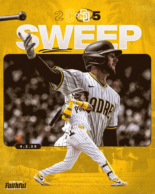 Padres Sweep Graphic. The background is gold with palm trees in the background. The top of the photo says today’s final score: Guardians 2, Padres 5. Underneath the score, there is text that says “SWEEP” in big white lettering. The “W” is underlined with two brown lines. There is a photo of Jackson Merrill in the center of the photo. There is a brown border around this photo with today’s date, “4.2.25” at the bottom left. Underneath Jackson’s photo is a photo of Luis Arraez. At the bottom right corner of the photo, there is text that says, “For the Faithful”.