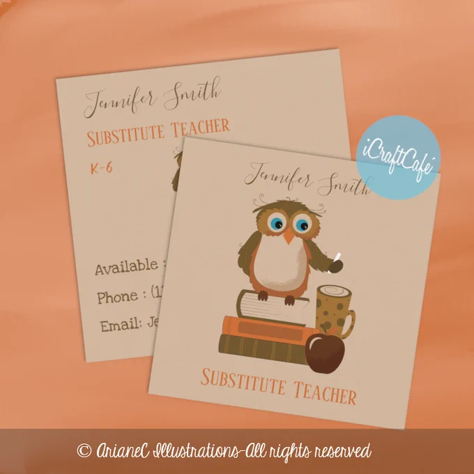 Brown owl teacher on books educator business cards