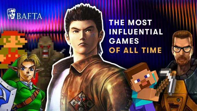 A collage of games characters with Ryo Hazuki from Shenmue at the front. Also featured is Mario from Super Mario Bros., a demon from Doom, Link from Ocarina of Time, Steve from Minecraft and Gordon Freeman from Half-Life.

The text reads "The Most Influential Games Of All Time".