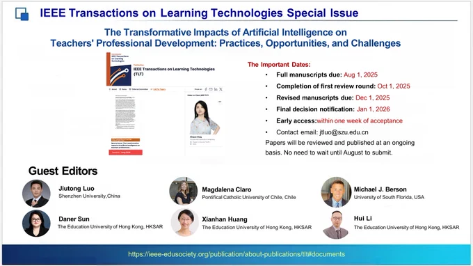 Comparto este llamado a un Special Issue en el que participaré como una de las editoras invitadas de las revista IEEE Transactions on Learning Technologies sobre los impactos transformadores de la inteligencia artificial en el desarrollo profesional docente. 