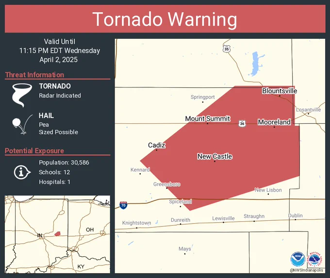 This graphic displays a tornado warning plotted on a map. The warning is in effect until 11:15 PM EDT. The warning includes New Castle IN, Mooreland IN and Mount Summit IN.  This warning is for East Central Hancock and North Central Rush Counties Is Cancelled. The threats associated with this warning are a radar indicated tornado and pea sized hail. There are 30,586 people in the warning along with 12 schools and 1 hospital.