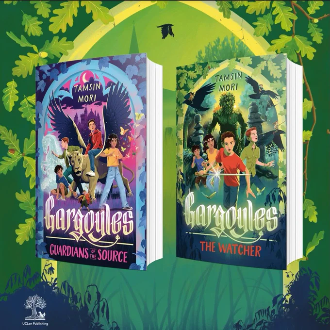 Image shows two books side by side on a green and leafy background. The first book is Gargoyles, Guardians of the Source by Tamsin Mori and the cover shows four children and a winged lion. The second book is Gargoyles, The Watcher by Tamsin Mori and the cover shows the same four children - in the background a green man and two stone golem appear to be following them.
