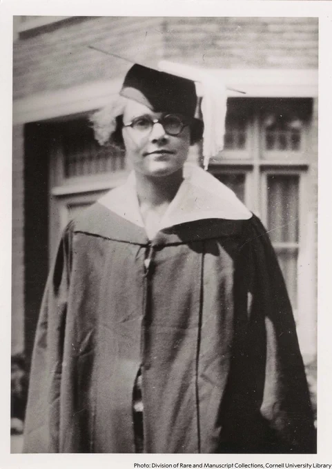Black and white photo of Barbara McClintock in academic regalia, including a cap and gown.