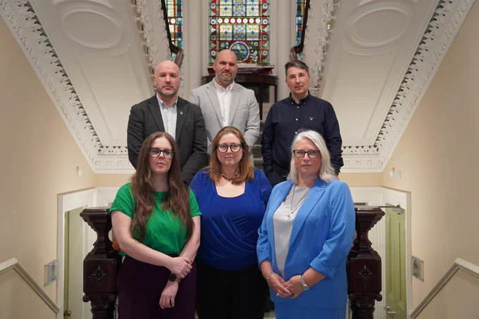 Pictured is the Executive Committee of the NI Cancer Charities Coalition (NICCC). (L-R) Richard Spratt, Cancer Focus Northern Ireland (NICCC Chair), Phil Alexander, Cancer Fund for Children, Gareth Kirk, Action Cancer (NICCC Treasurer), Sarah Christie, Macmillan Cancer Support (NICCC Secretary), Liz Morrison, Cancer Research UK (NICCC Vice Chair), and Ana Wilkinson, Friends of the Cancer Centre.