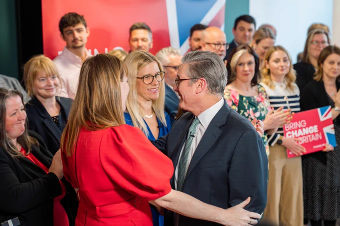 Photo of Keir Starmer with Angela Rayner and Ellie Reeves at the launch of Labour's local election campaign.