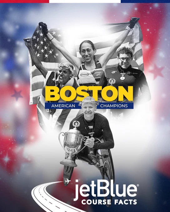 Red, white, and blue graphic featuring USA Boston Marathon Champs Des Linden (top), Meb Keflezighi (left), Daniel Romanchuk (right), and Susannah Scaroni (bottom) with the “jetBlue COURSE FACTS” badge overlayed