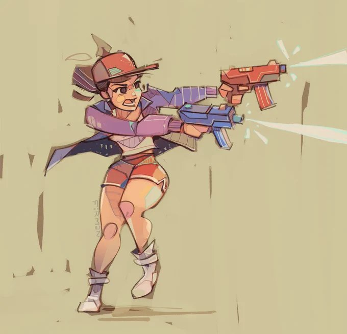 An illustration of Julie, one of the playable characters from the 1993 SNES/Genesis game Zombies Ate My Neighbors by Lucasarts.  She is raising one leg defensively and hunching low behind two water pistols (that look more like SMGs) which were the default weapon of the game and, yes, kill zombies.  She wears a red cap over a brown ponytail and has an intense, mid-action focus including her mouth agape, perhaps yelling.  She has a purple jacket over a white tee and short red gym shorts with white trim plus a split at the side hem.  Her feet are in white boots with velcro bands around the ankles.