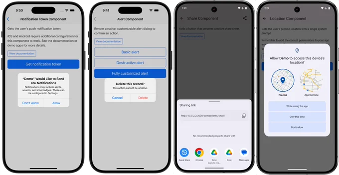 Four bridge component examples:

1. Gathering notification tokens
2. A customized native alert
3. A native share dialog
4. Requesting permission for location access