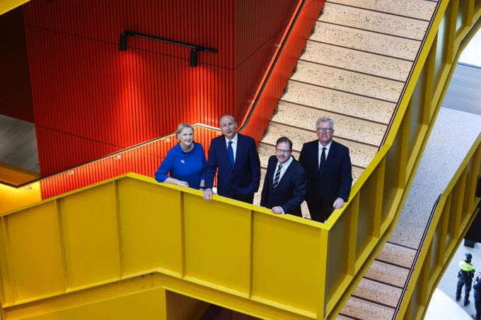 Brid Horan, Chancellor of Dublin City University, An Taoiseach Micheál Martin TD, James Lawless TD, Minister for Further and Higher Education, Research, Innovation and Science and Prof Dáire Keogh, President of Dublin City University Photo: Kyran O'Brien