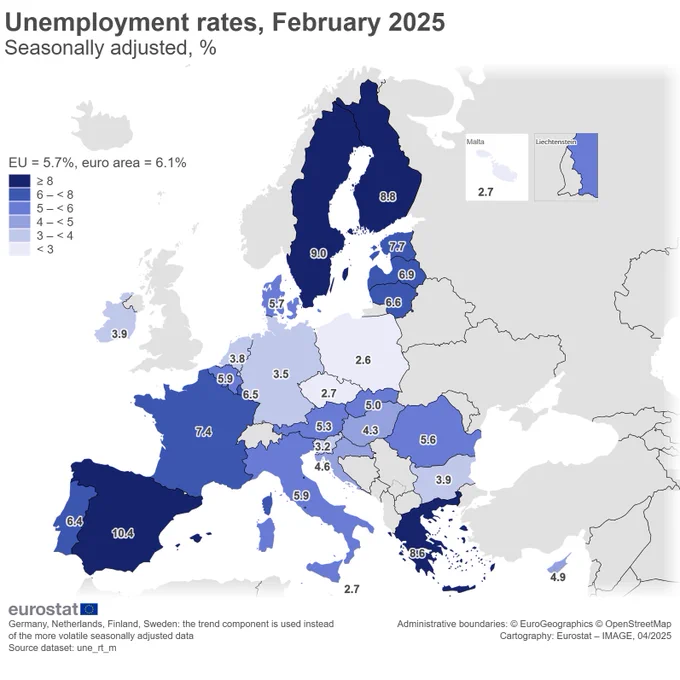 Map of the unemployment rates in February 2025, seasonally adjusted, percentage, EU Member States. 