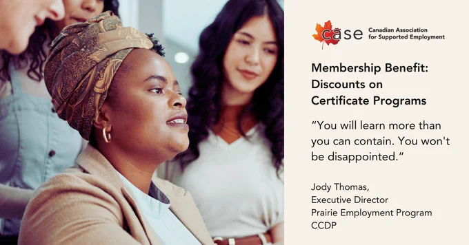 Membership Benefit: Discounts on Certificate Programs. "You will learn more than you can contain. You won't be disappointed." Jody Thomas, Executive Director, Prairie Employment Program, CCDP
Person with medium-dark skin and a brown headscarf in an office environment.