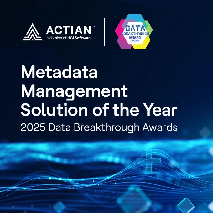 Graphic promoting Actian winning Metadata Management Solution of the Year from the 2025 Data Breakthrough Awards, featuring digital and circuit-like graphics in blue tones.